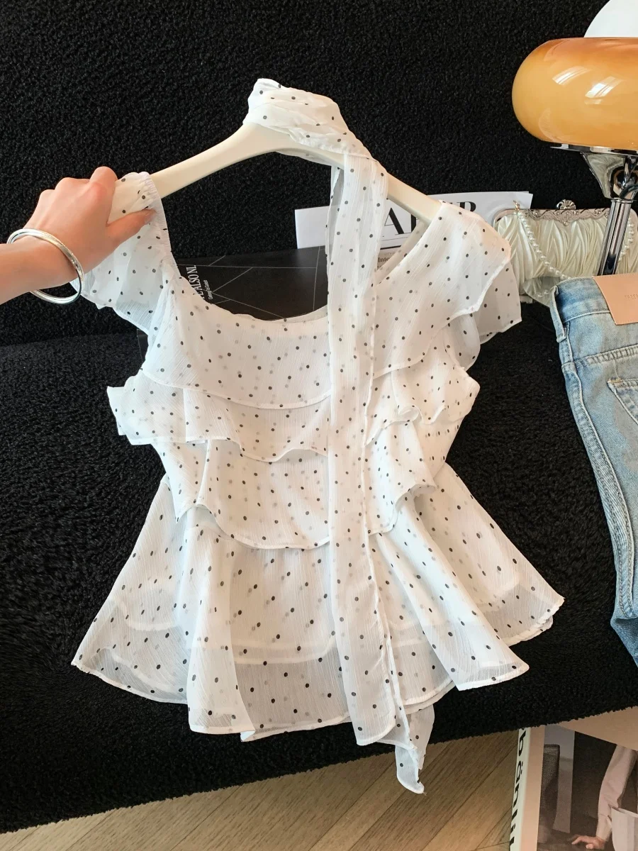 

White Polka Dot Shirt Women's Summer New Sweet Spicy Girl Irregular Thin Belted Doll Top Sleeveless Lace Trimmed Fashionable