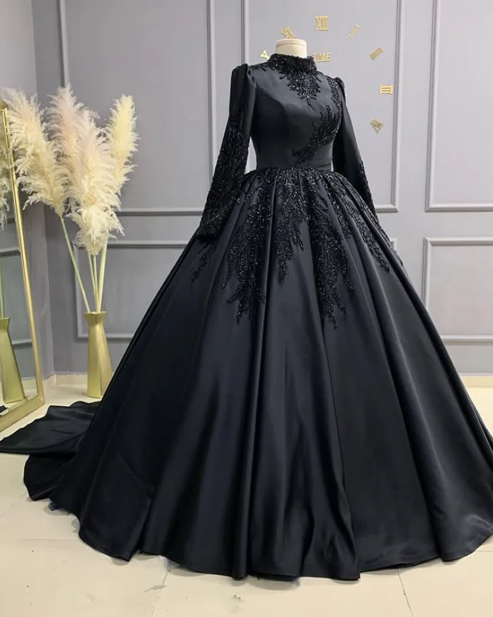 

Черное мусульманское платье-кафтан для выпускного вечера, блестящее, с высоким воротом, длинными рукавами, драпировкой, вечернее платье-кафтан в стиле хенна, нарядное платье для знаменитостей, на заказ