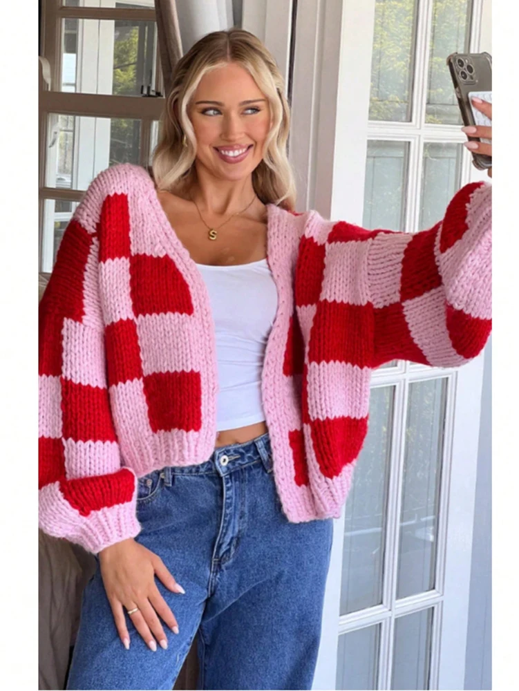 

Осень/зима, новые поступления, элегантный и универсальный клетчатый кардиган контрастного цвета, свободный крой, минималистичный вязаный топ для женщин
