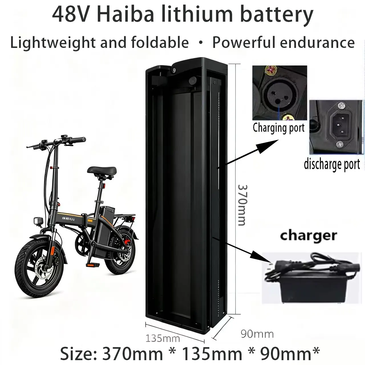 Batterie au lithium pliable 48 volts, 12ah, 20ah, 30ah, 40ah, BMS intégré, type Haiba, moteur 250W-1000W largement utilisé