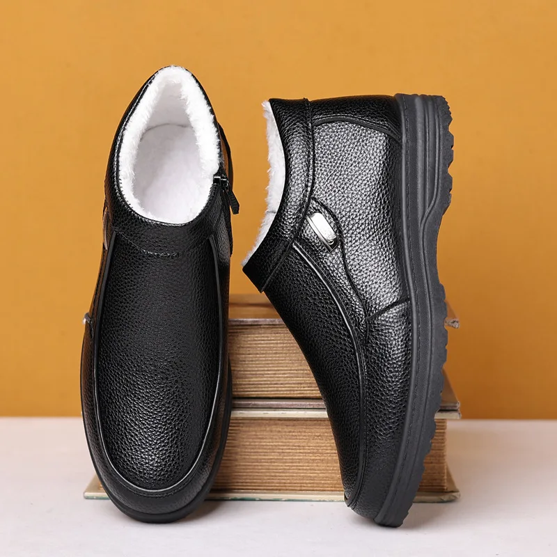 Men's Velvet Warm Leather Shoes 2025 Winter New Thick soled Snow Boots Men's Zipper High Top Middle aged Cotton Shoes