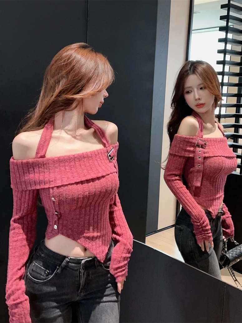 

Women's Spicy Girl One Shoulder Hanging Neck Top, Spring Rose Red Knitted Bottom, Thickened Sweater, Underlay, Pure Desire, Y2K