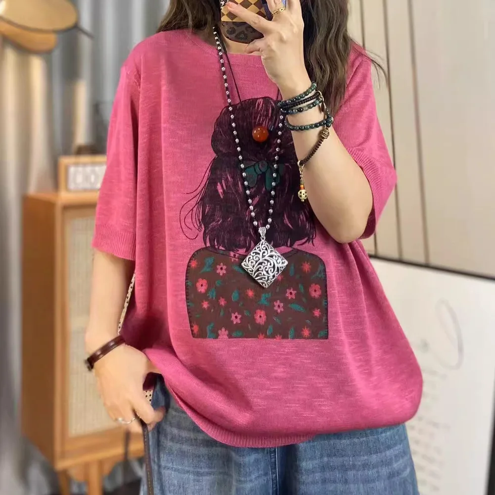 Women\'s short sleeve shirt harajuku fashion girls pattern knitted tee women pullover knitwear korean style women clothing