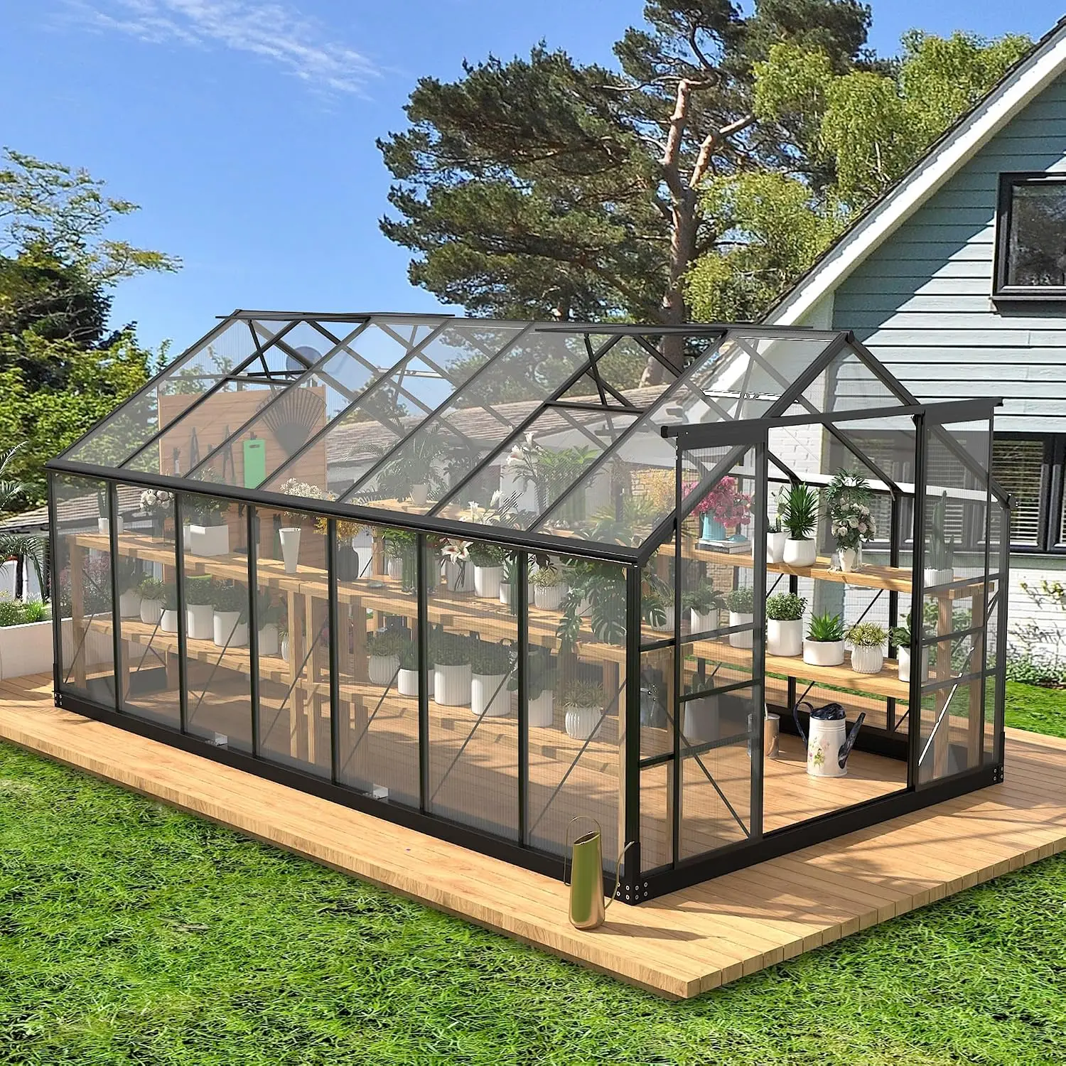 Outdoor Polycarbonate Greenhouse 8x14.2 FT Aluminum Walk-in Sliding Door 2 Adjustable Vents Windproof Garden, Customized