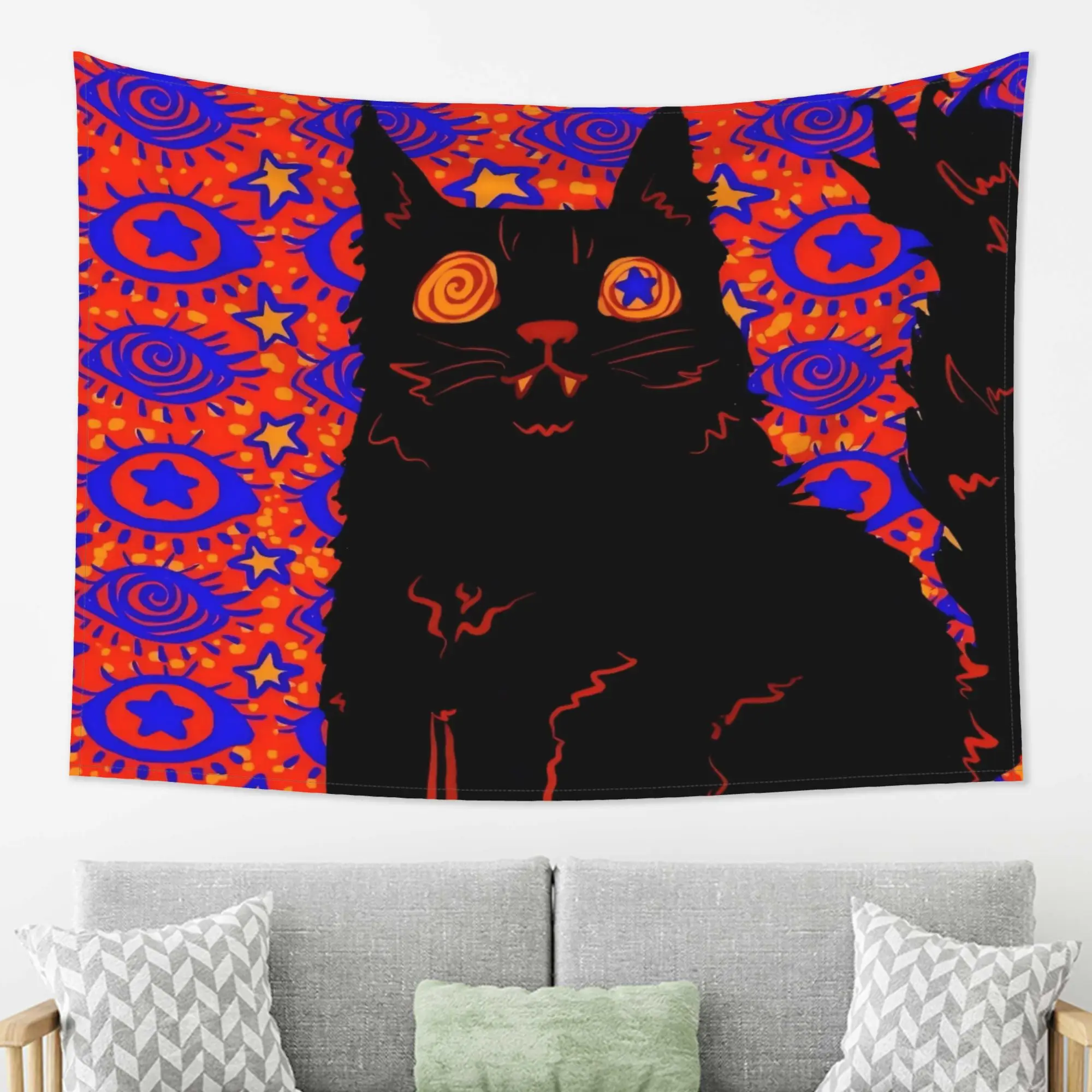 VIKAMA Psychedelic Pop Style Black Cat Tapestry Retro Trippy Eye Star Print Hanging Cloth Room Decoration