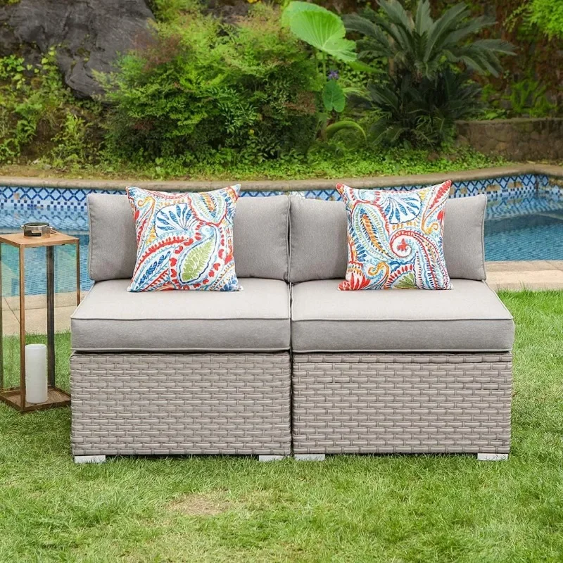 Muebles de exterior de 2 piezas, sillas sin brazos adicionales para juego de sofás seccionales de mimbre expandibles con cojines gruesos grises cálidos
