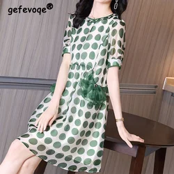 Casual Fashion Polka Dot Print Shirring Dresses Summer 2025 Short Sleeve O-Neck Gauze Loose Pullover Midi Dress Women's Clothing