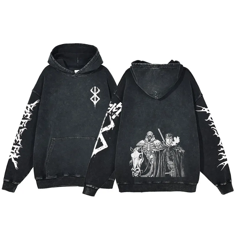 Y2K Berserk Anime Acid Washed Hoodie Men's Clothing Vintage Cotton Hoodies Women Hip Hop Hooded Sweatshirts Clothes Oversized