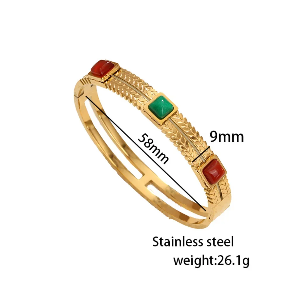 Retro Square Inlaid Gems Bangles Gold Silver Color Stainless Steel Wheat Ear Pattern Bracelet Accessories Neutral Jewelry Gifts