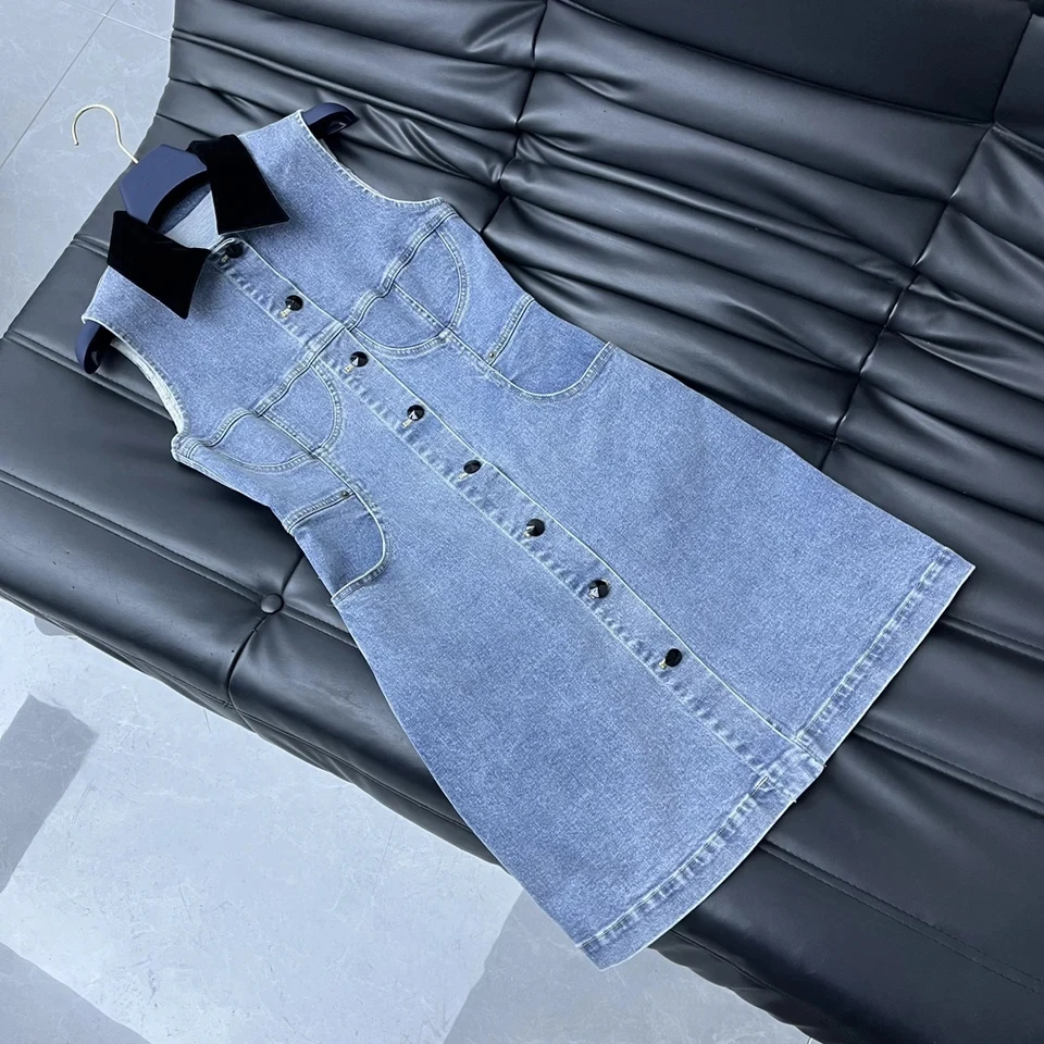 2024 Summer Luxury Fashion Women New High Quality Cowboy Denim Vest Dress for Female