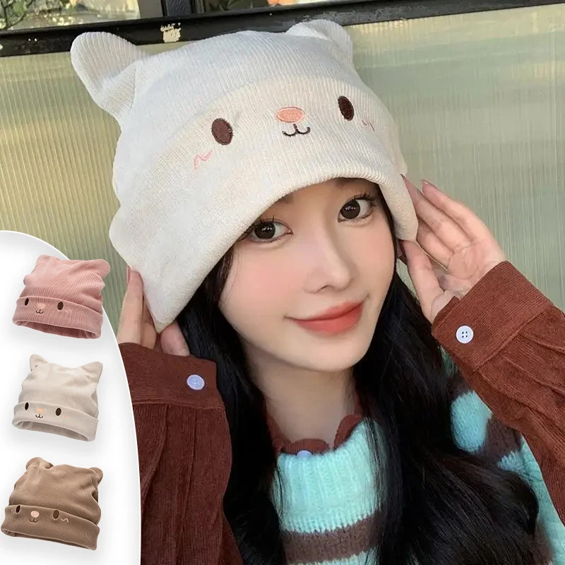 

Winter Warm Knitted Slouchy Beanie For Women Embroidered Cat Ears Stretchy Cozy Hat Ladies Fashion Essential