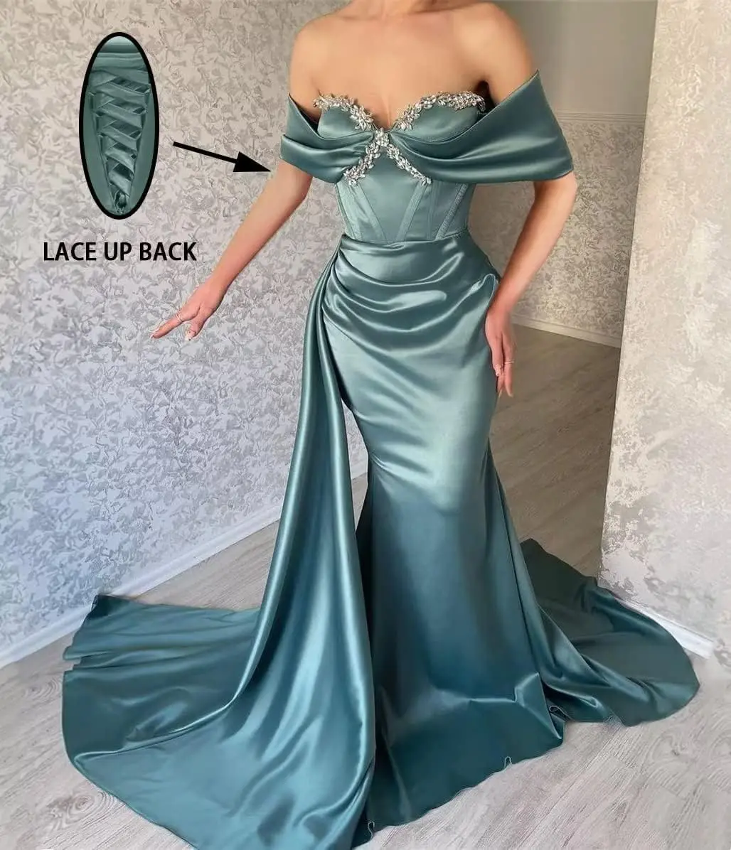 

Off Shoulder Mermaid Prom Dresses for Women Long Satin Beaded Formal Evening Party Bridesmaid Gowns with Train