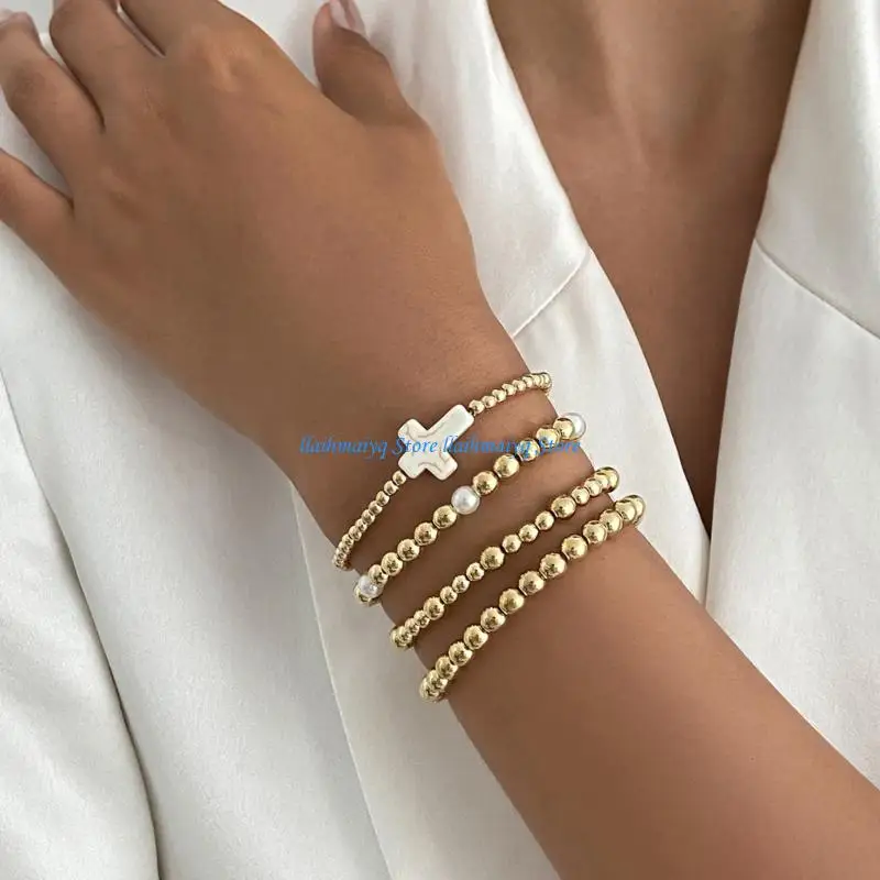 573B Trendy Multiple Layer Crosses Charm Pearls Bead Bracelet Set Stackable for Women Men Casual Party Wear