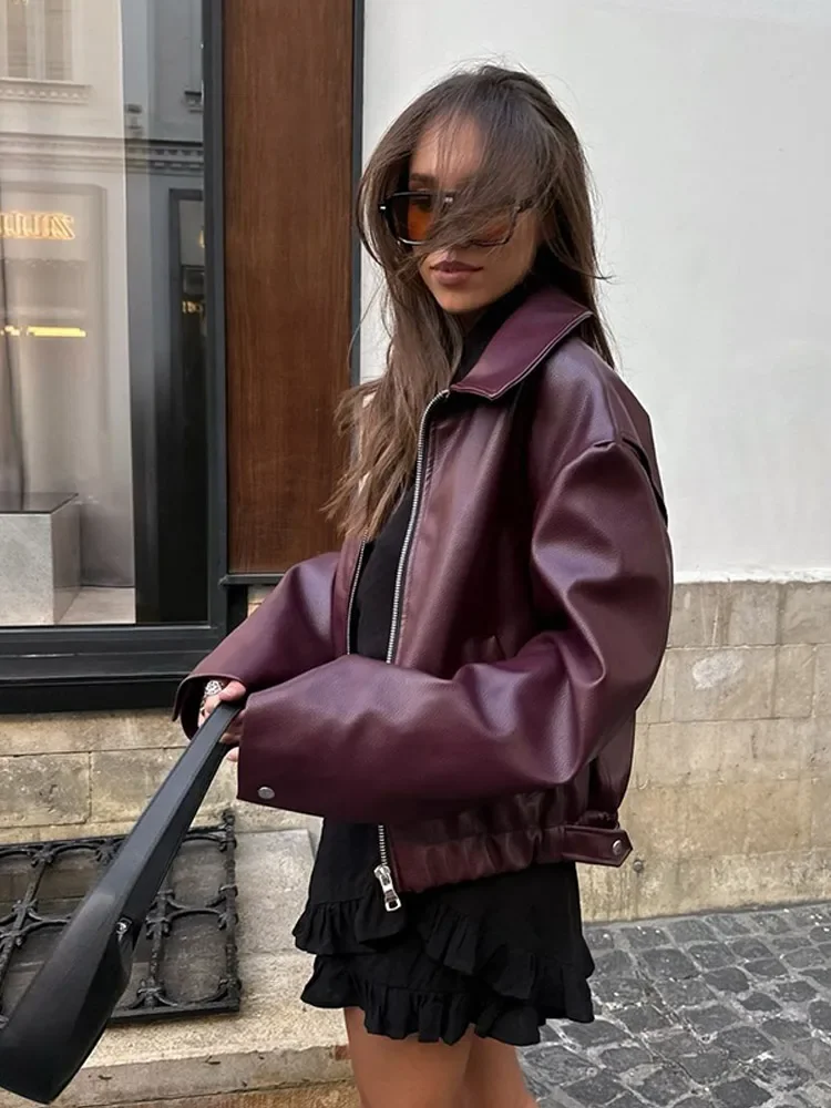

Fashion Wine Red Cropped Short Leather Jacket Women Long Sleeve Lapel Slim Pleated Coats 2025 New Fall Lady Street Party Outwear