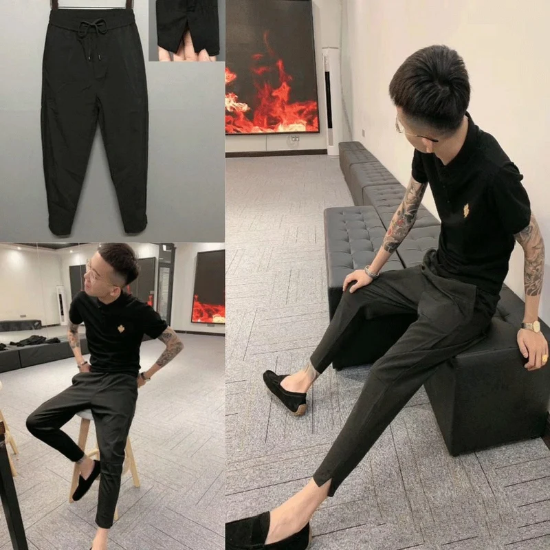 

Bla Slim Fit Casual Pants Men's Harvest Sle Elastic Waist Nine Points Cuffed Harlan Pants Spring Autumn Faionable