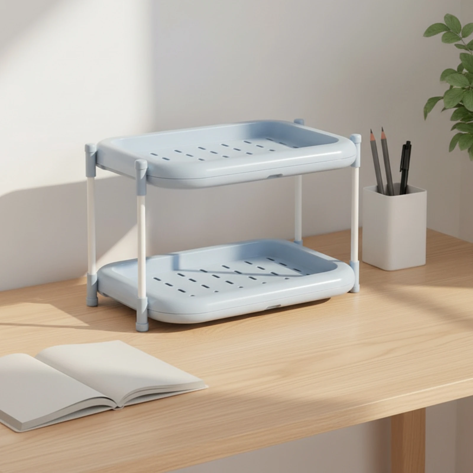 Two-Tier Desktop Storage Rack Compact Polystyrene Plastic Countertop Rack with Perforated Trays 2-Tier Desktop Storage Shelf