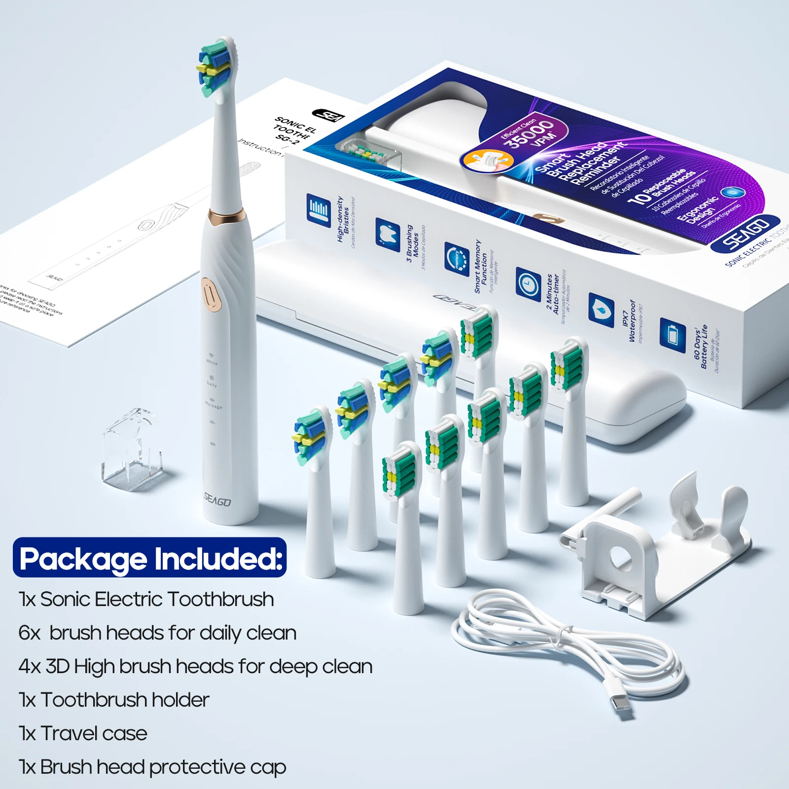 Seago Sonic Electric Toothbrush Choice Teeth Cleaning 3 Modes Brush Heads Replacement Reminder Three Colors Ergonomic Design2316