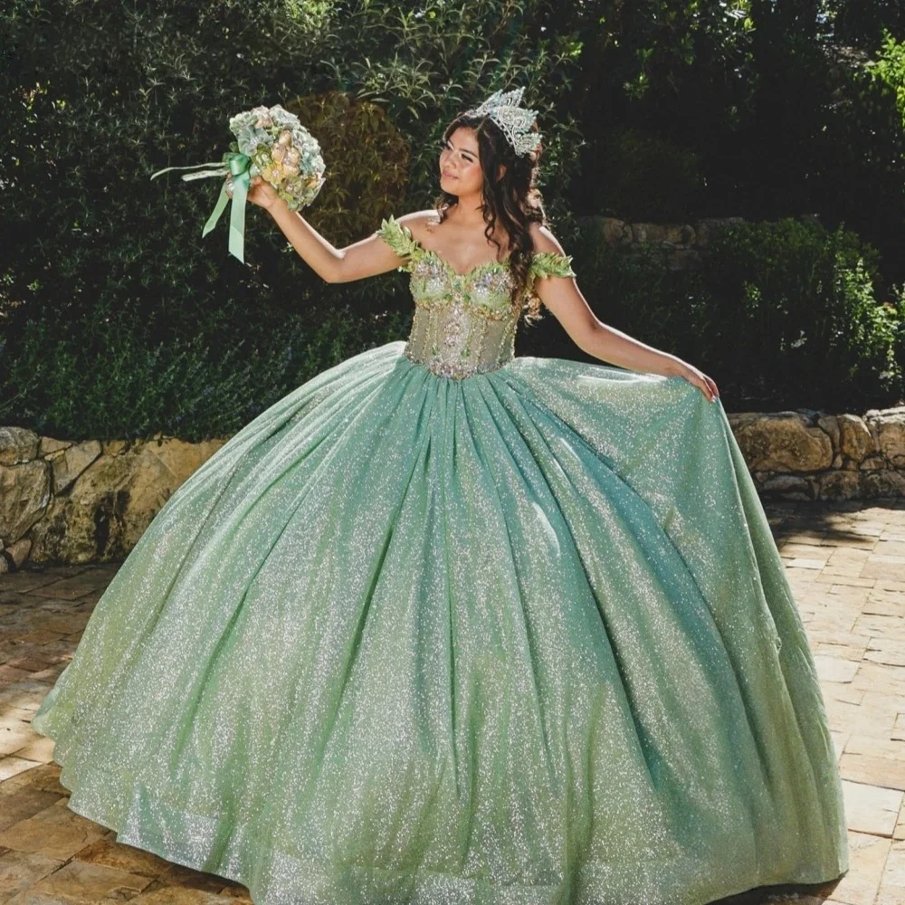 

Green Quinceanera Dresses Ball Gown Off The Shoulder Appliques Beaded Sweet 16 Dresses 15 Años Customized