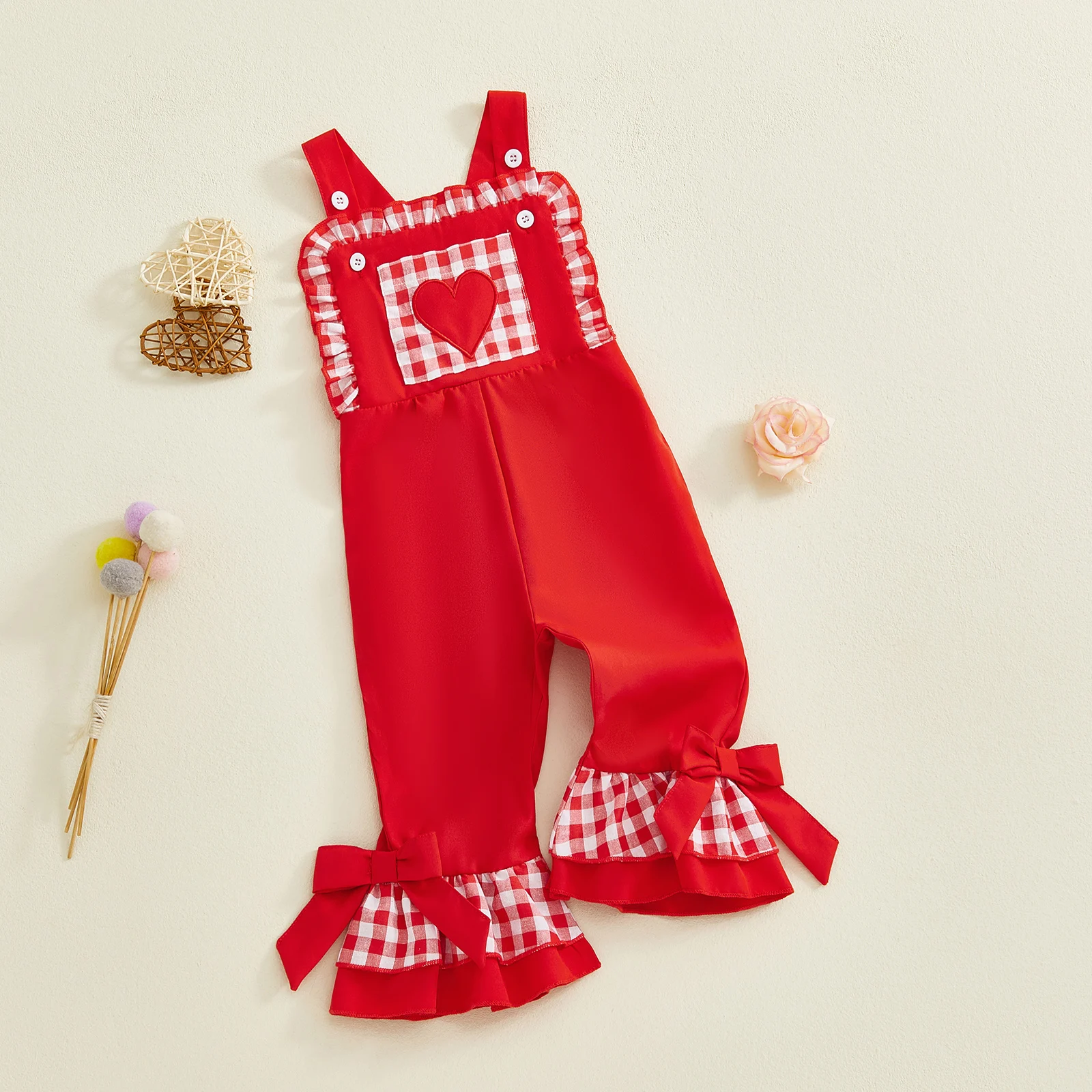 

Детские комбинезоны для девочек, клетчатые брюки-клеш с сердечками и бантом, одежда для малышей на День святого Валентина, повседневная одежда на каждый день