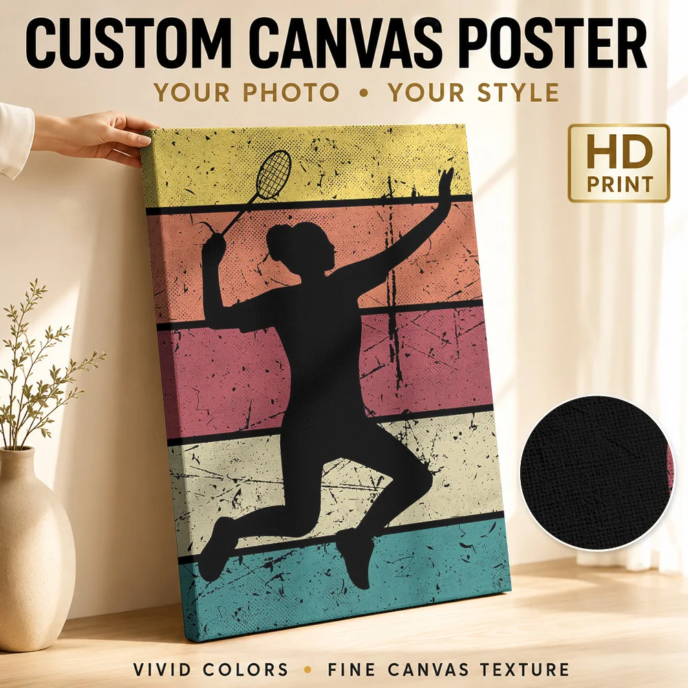Badminton Player Silhouette Canvas Painting Poster Personalized Photo Sports Portrait Wall Art for Bedroom Decor Ready to Hang