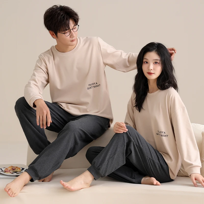 Women and Men Mathing Sleepwear Cotton Autumn and Winter Warm Loungewear Couples Pullover Pajamas Teenager Boy and Girl Pyjamas