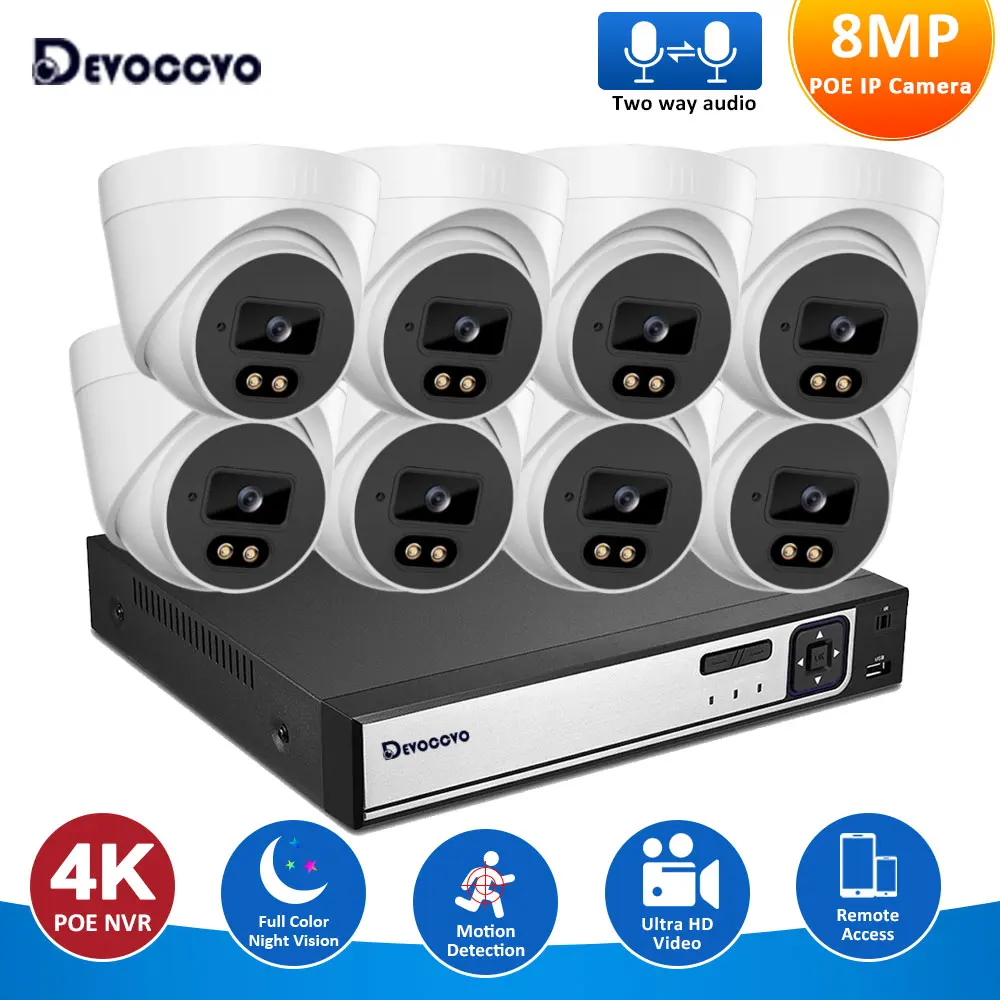 

4K CCTV POE IP Dome Camera System 2 Way Audio Color Night Vision Indoor Home CCTV Security Camera System Set 8MP 8CH POE NVR Ki
