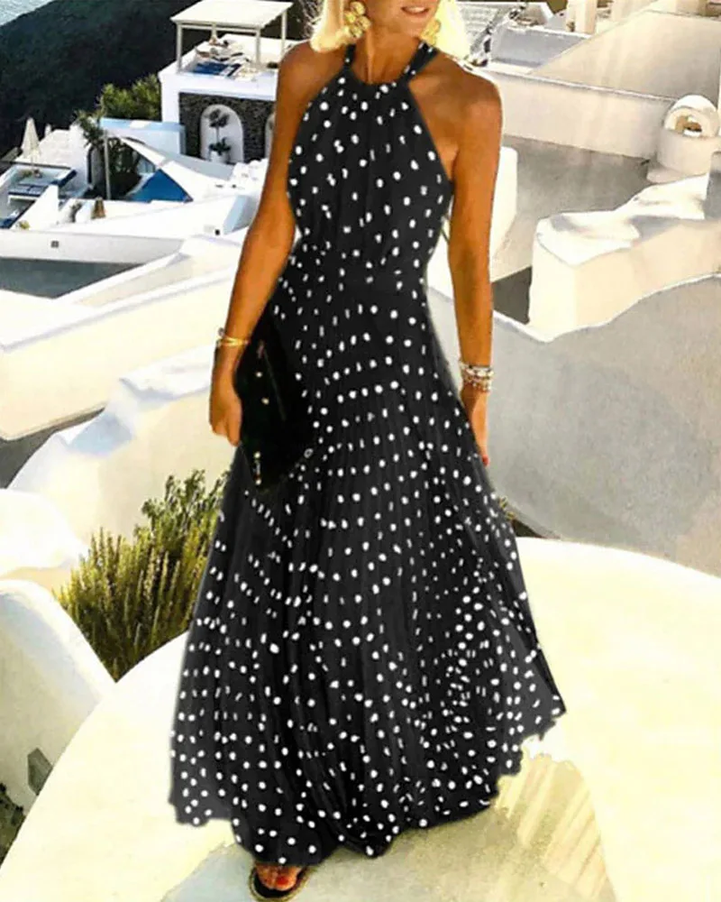 Summer Women Boho Polka Dot Print Chiffon Pleated Maxi Dress 2022 New Femme Sleeveless Maxi Boho Vacation Outfits Lady Clothing