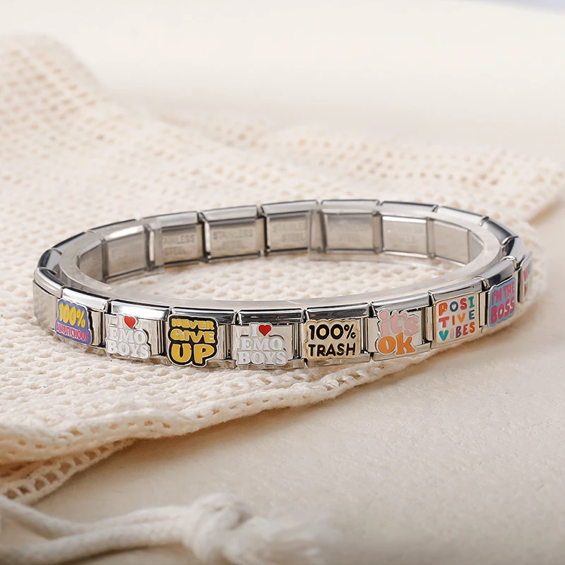 Hapiship 2024 New Women’s Fashion Colorful Work Hard Italian Charms Links Fit 9mm Bracelet Stainless Steel DIY Jewelry DJ1347-B