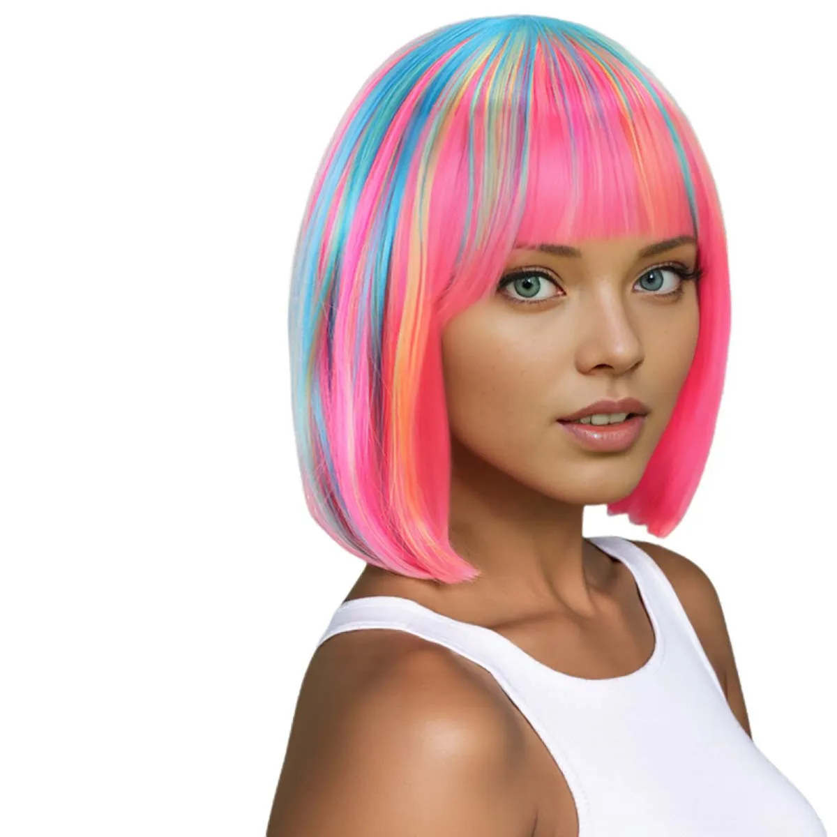 Halloween Cosplay Regenbogenfarbene synthetische Bob-Perücke für tägliche Versammlungen