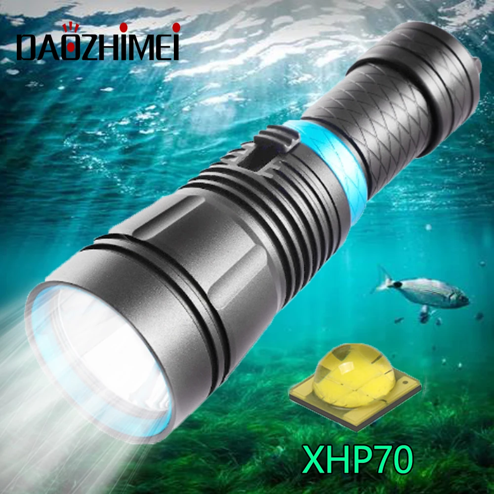 Powerful Super Bright XHP70 LED Dive Light Yellow White Light Underwater 80 Meter Diving Flashlight IPX8 Waterproof 26650 Torch