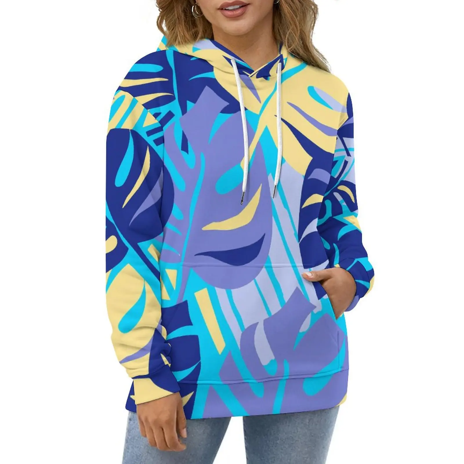 

Tropical Leaf Hoodies Long Sleeve Blue And Orange Pretty Casual Hoodie Winter Korean Fashion Oversize Pattern Loose Sweatshirts