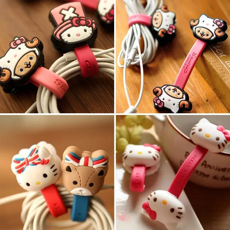 2PCS Sanrio Hello Kitty Data Cable Organizer Anime Cute PVC Wire Cord Winder Data Line Storage Earphone Winder Cord Protector