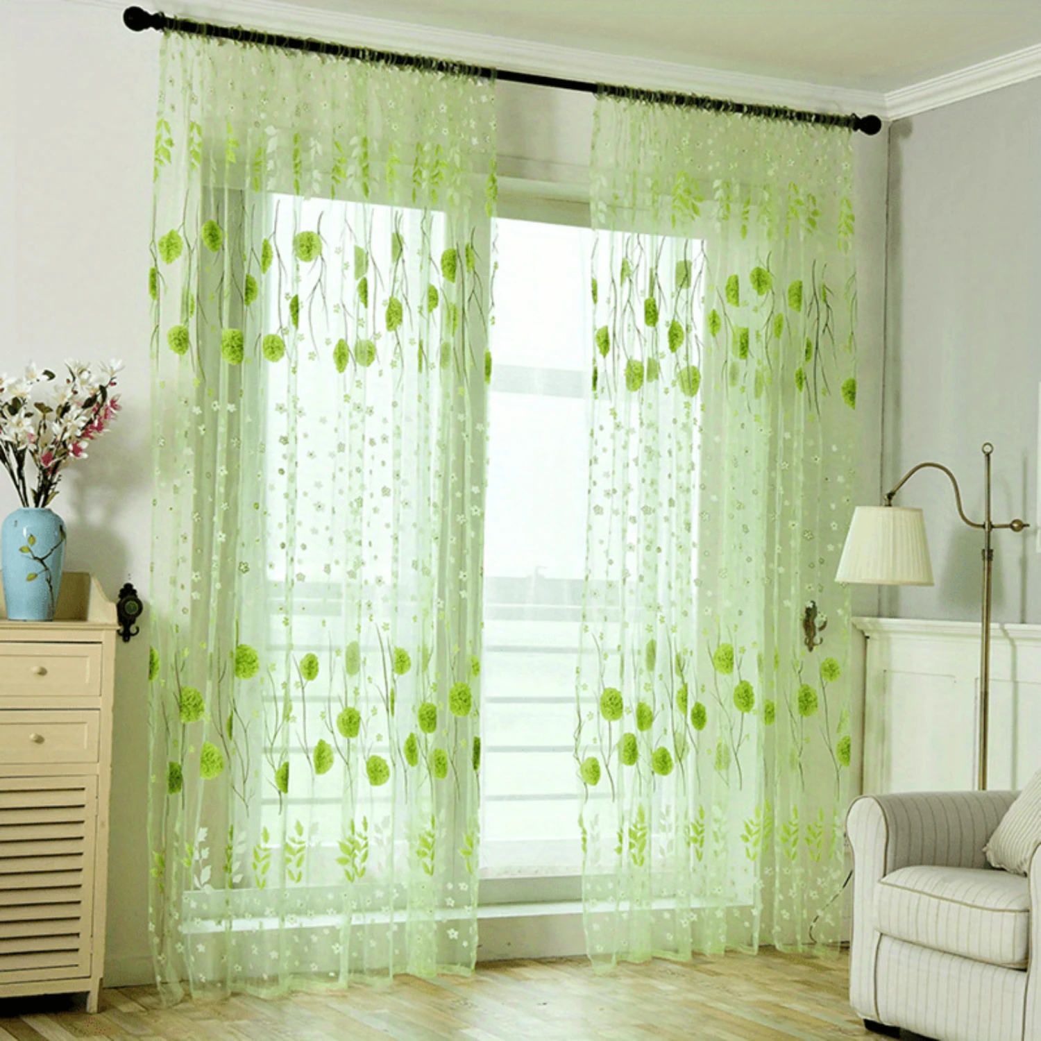 Printed Tulle Window Sheer Curtains Rod Pocket Transparent Tulle Window Floral Drape Panel Window Screen for Window Bedroom Balc