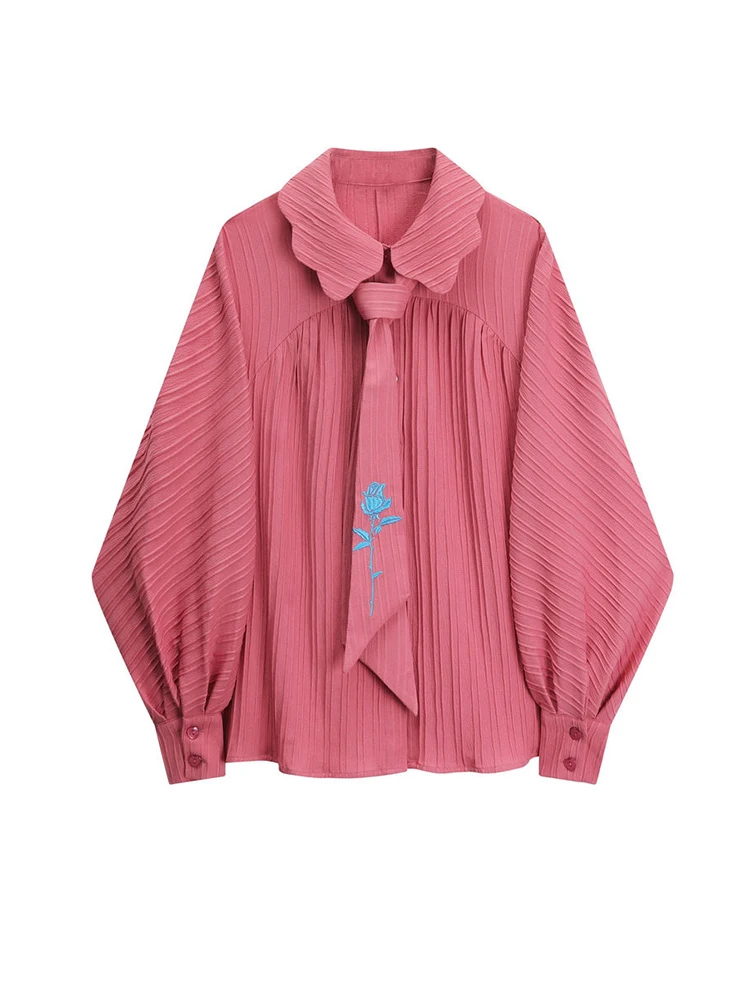 2023 early spring new women's pleated chiffon shirt Korean loose fitting long sleeved V-neck ribbon lantern sleeve doll shirt