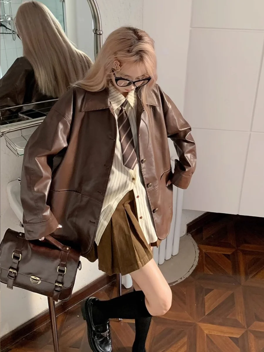 Bruin PU-leer Jaet Dames Casual Bovenkleding Lente Herfst 2024 Nieuwe middellange losse pasvorm Kraag Lange Sve-jas