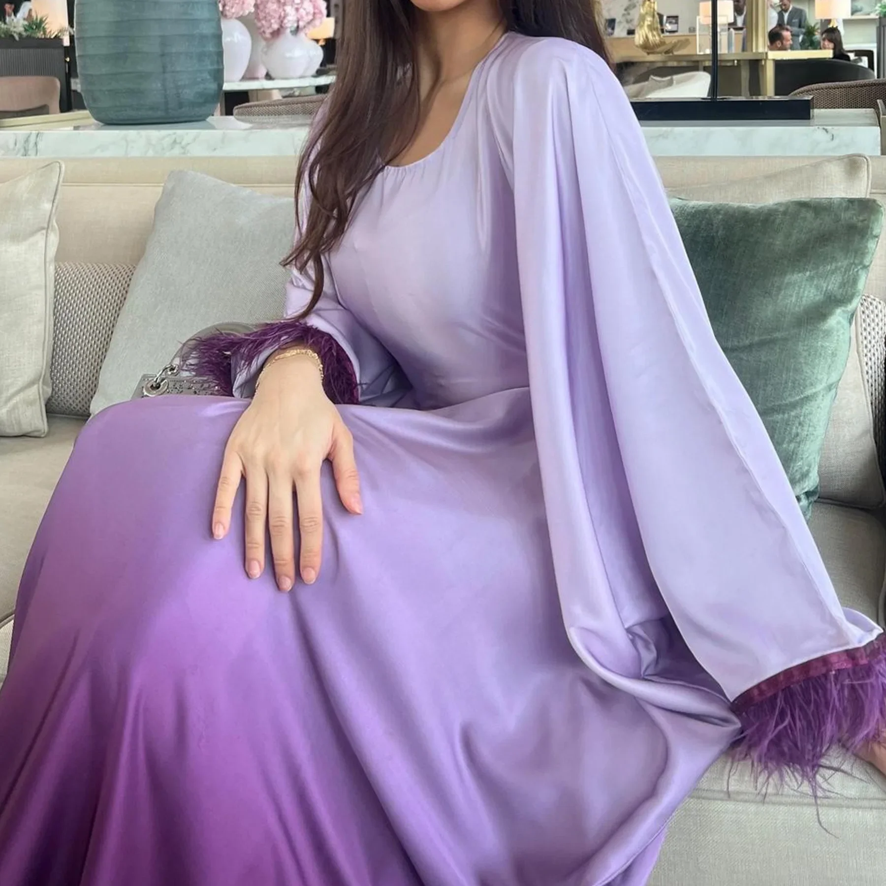 Ramadan Feather Abayas for Women Satin Modest Muslim Dress Eid Djellaba Islam Jalabiya Kebaya Caftan Marocain Femme Dubai Abaya