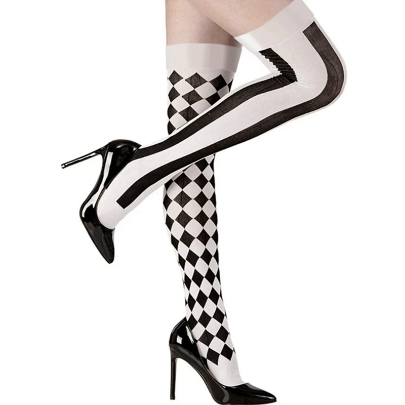 Women Clown Asymmetrical Vertical Striped Over Knee Long Sock Thigh Highs Stockings For Halloween Cosplay Party Costume