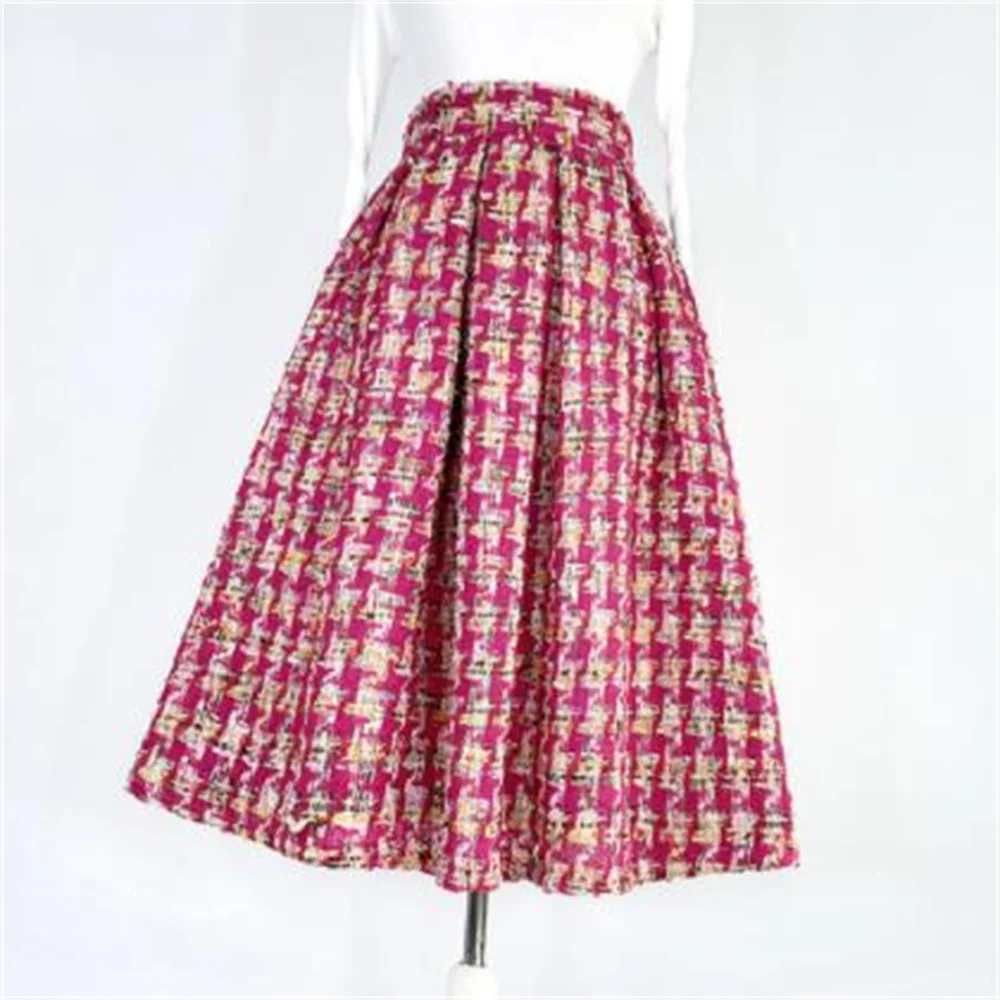 

high waisted thousand plaid pattern embroidered floral tweed skir fluffy skirt