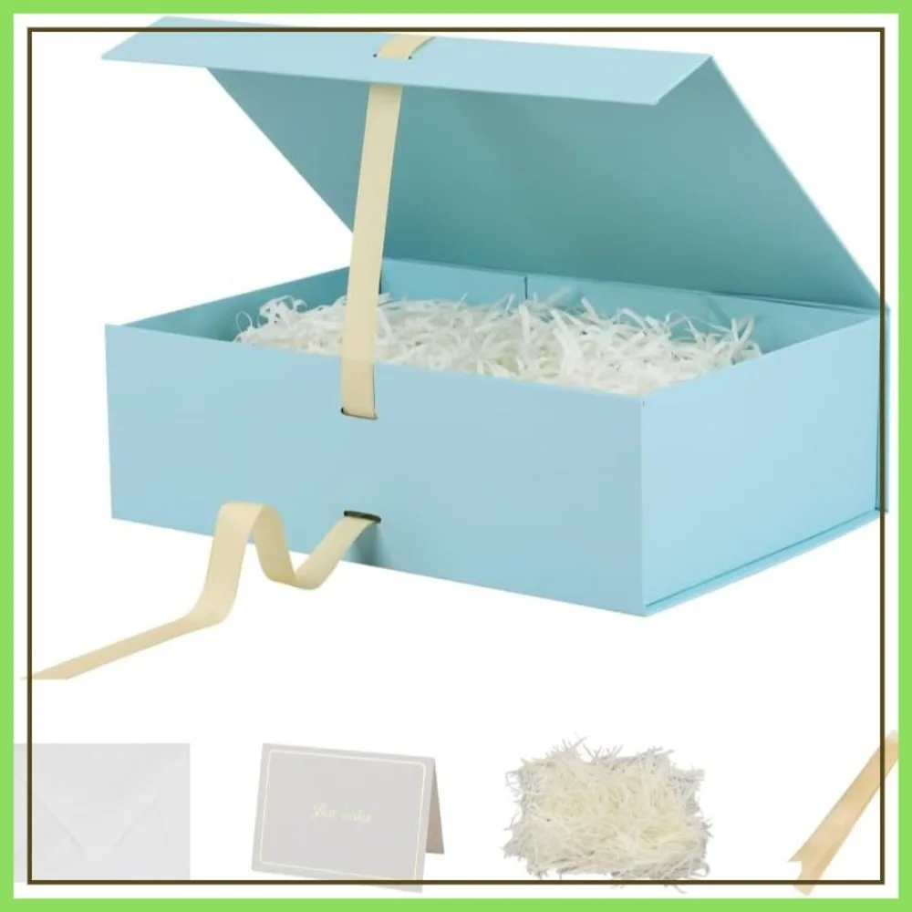 

Luxury Blue Gift Box with Ribbon, 13x9x4 Inch, Magnetic Lid, Rectangle, Collapsible, 1 Pack with Filler & Card