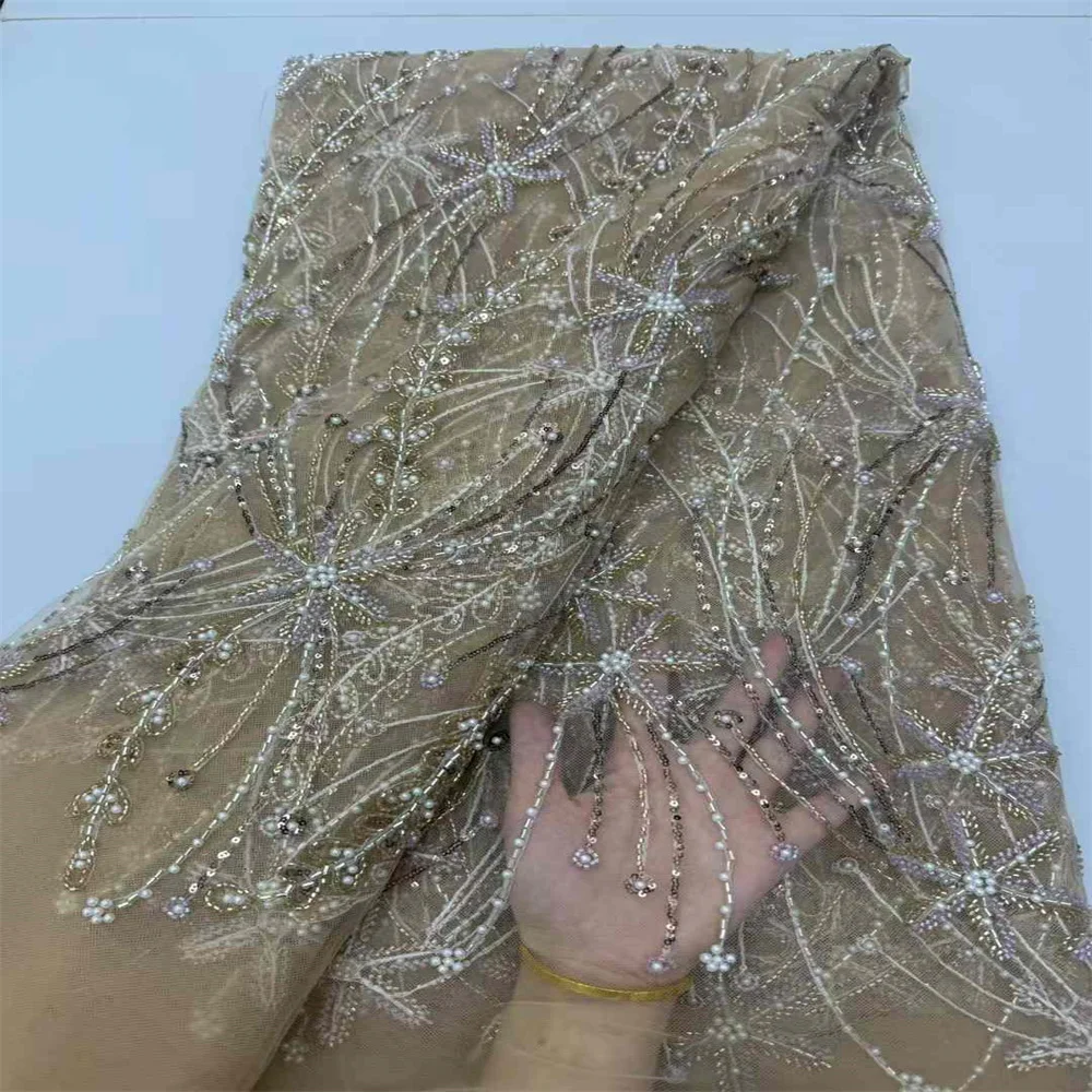 2024 New African Nigerian French High Quality 2024 Hot Sale Lace Fabric With Beads Sequins Bride Party Wedding Embroiderg Dress