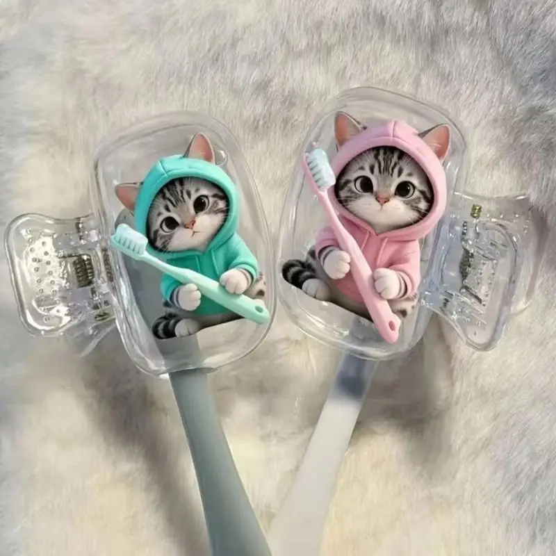 2Pcs Dust-proof Waterproof Cat Toothbrush Cover Kitten Dog Printed Transparent Toothbrush Holder Portable Toothbrush Head Cover