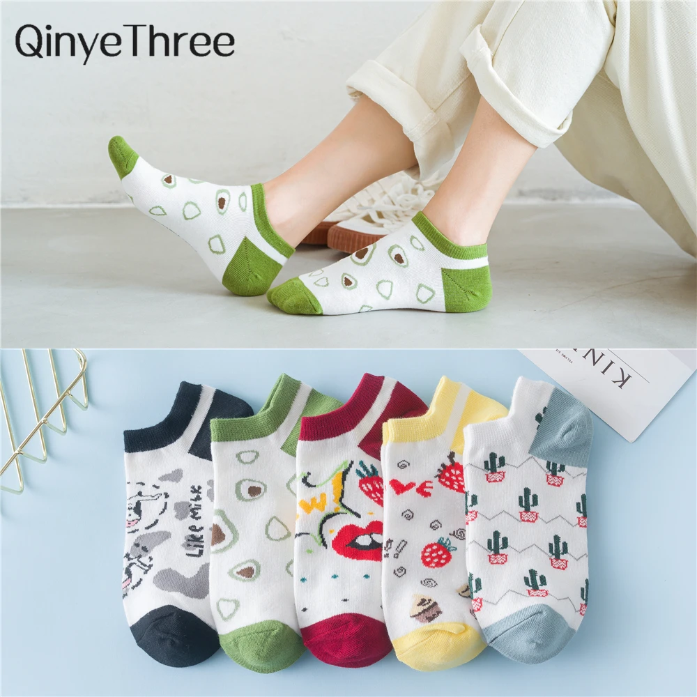 New Colored Fruit Summer Cotton Women Short Socks Breathable Cute Harajuku Hipster Avocado Lips Cactus Sokken Dropship