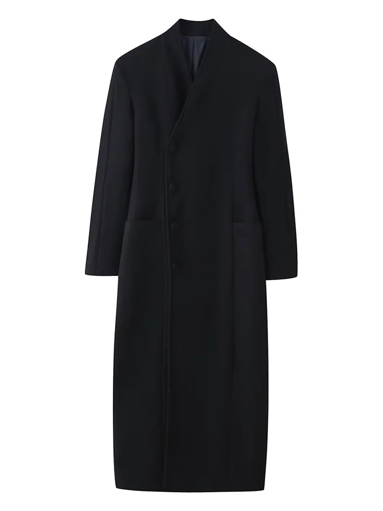 

HH Woman Elegant Long Sleeves Waist Warm Long Coat Female Winter Single-breasted Stand-up Collar Pockets Solid Woolen Coat