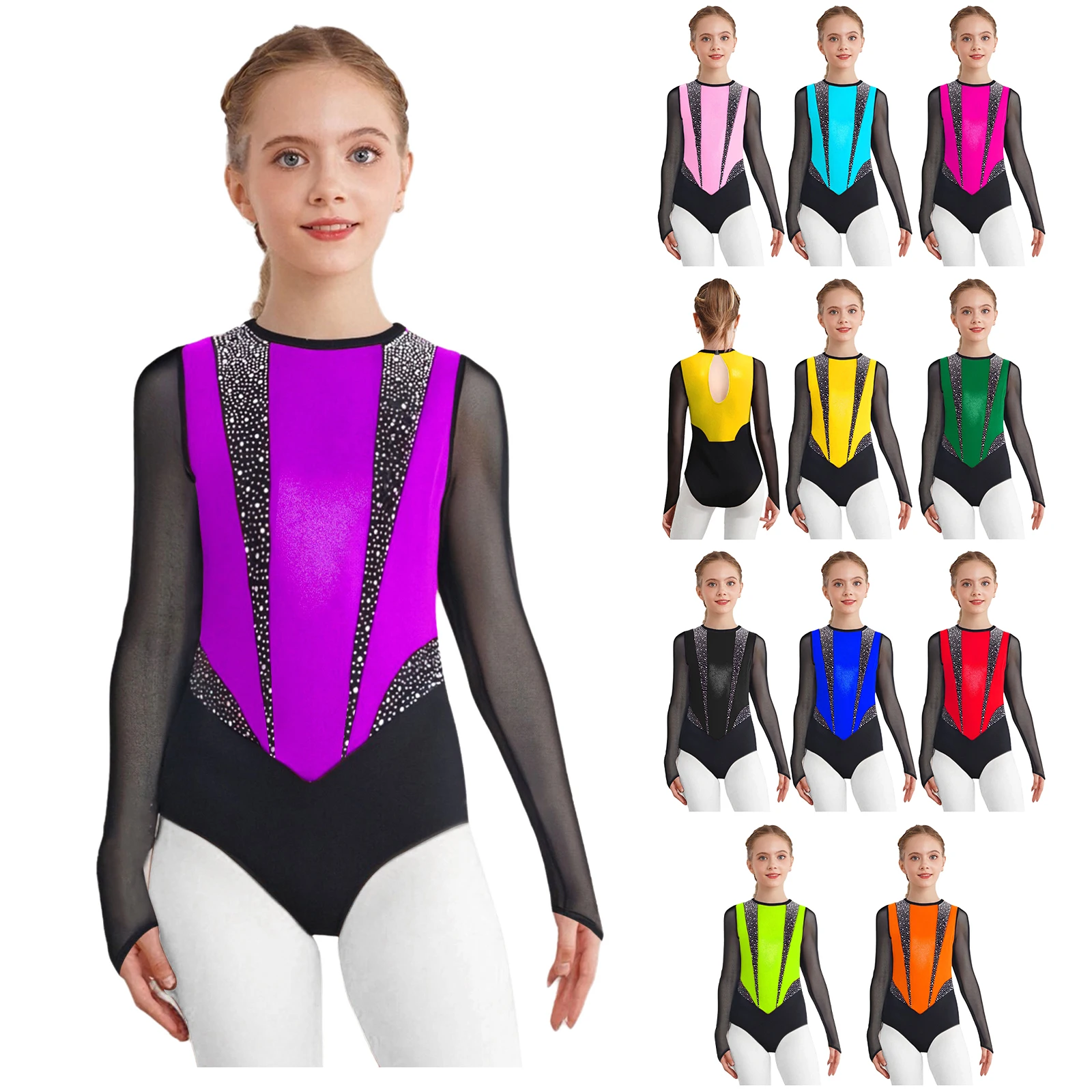 Kids Girls Ballet Gymnastics Leotard Rhinestones Metallic Sheer Mesh Long Sleeves Keyhole Back Figure Skating Dancewear Bodysuit - view 2