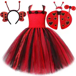 Girls Lady Beetle Long Lined Tutu Dress with Wings Set Kids Red Black Llittle Bee Halloween Costumes Christmas New Years Tutus