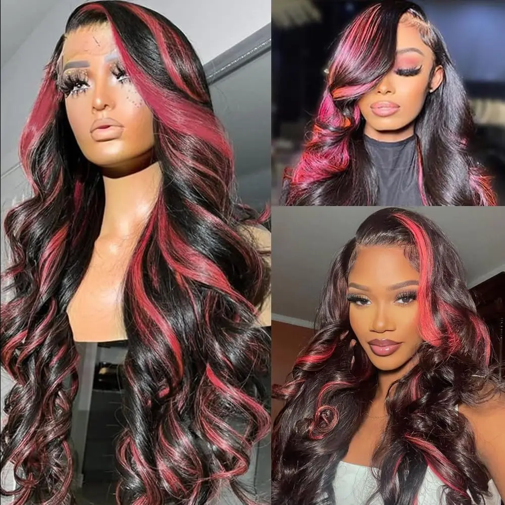 13X4 Ombre Highlight 1B/Pink Lace Front Wigs Colored Body Wave Brazilian Human Hair Wig 200% Density Pre Plucked with Baby Hair