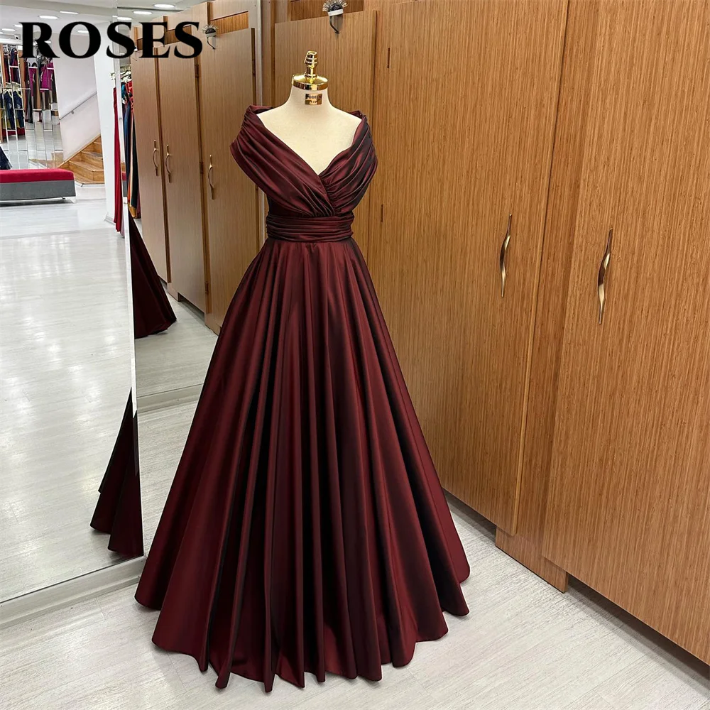 

ROSES Off The Shoulder Evening Dresses Stain Pleat Charming Prom Dress A Line V Neck Burgundy Party Dresses vestidos de noche