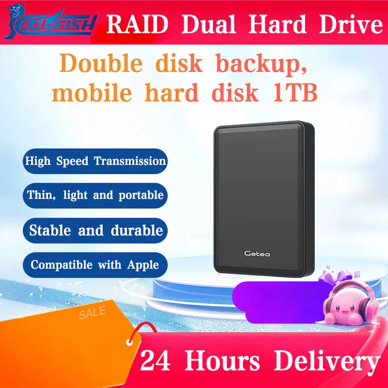 CoolFish 1TB Hdd 2.5 Hard Disk Disc USB 3.0 Portable External Solid State Drive Built-in Dual Hard Drives For Computer/TV/Phone