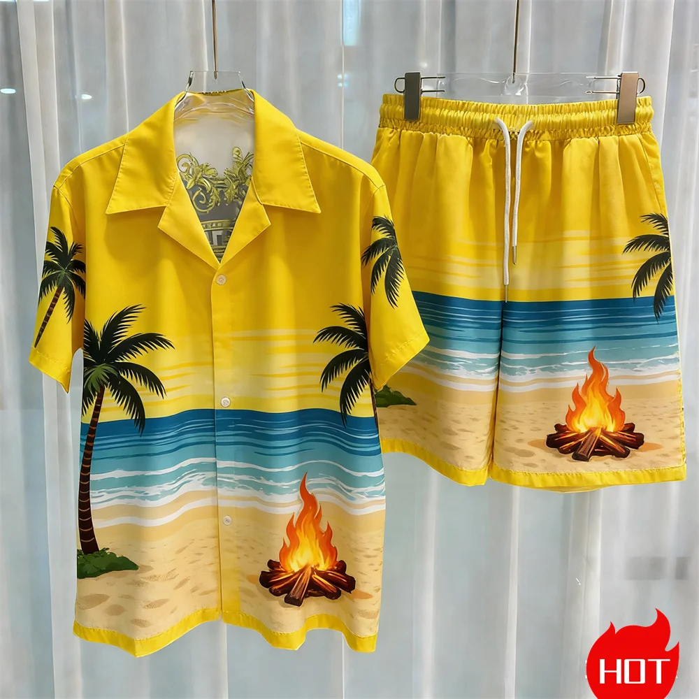 Summer Men's Shirt Sets 3D Coconut Tree Polyester Two Piece Shirt Set Hawaiian Shirt Vacation Mens Shirt Set Casual Y2k Clothing