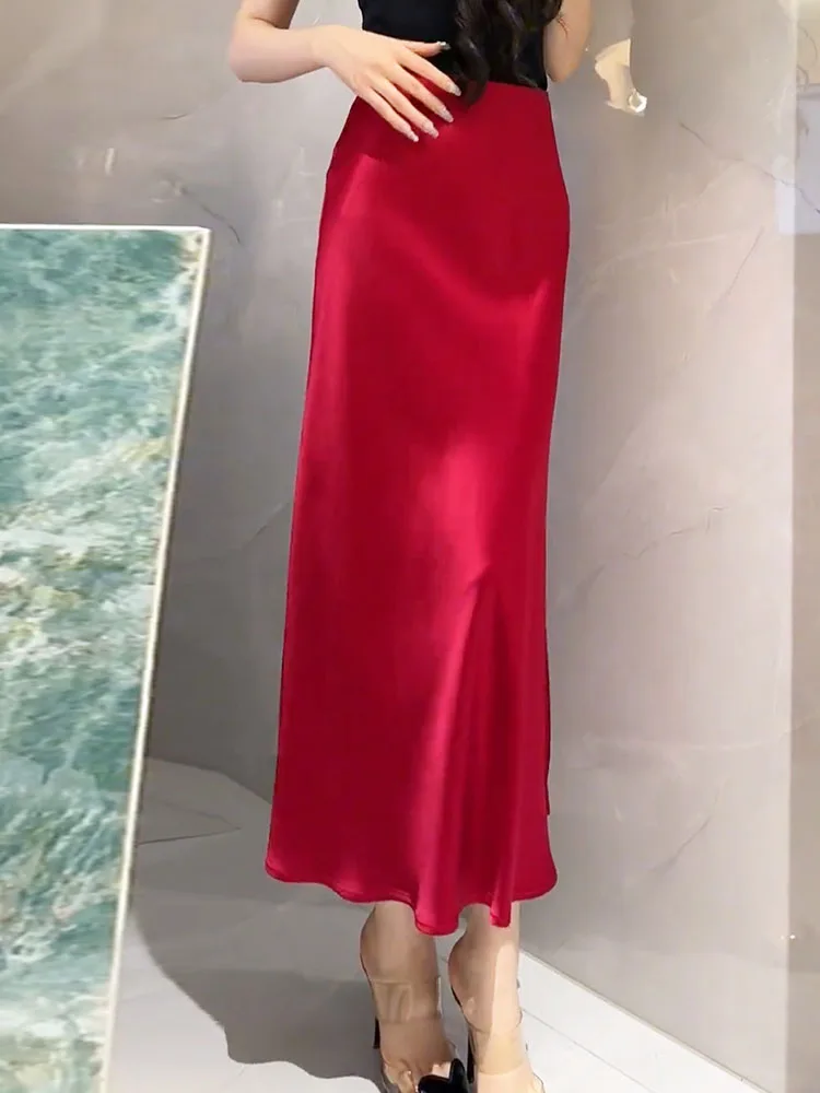 

Красная атласная длинная юбка для офиса, универсальная, в стиле ретро, для повседневной носки, новинка лета 2024, элегантная, больших размеров, женская юбка